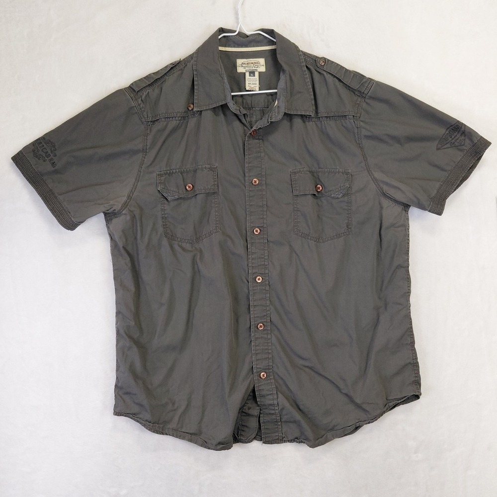 American Rag Mens XL Gray Short Sleeve Button Down Utility Shirt Surf Graphic